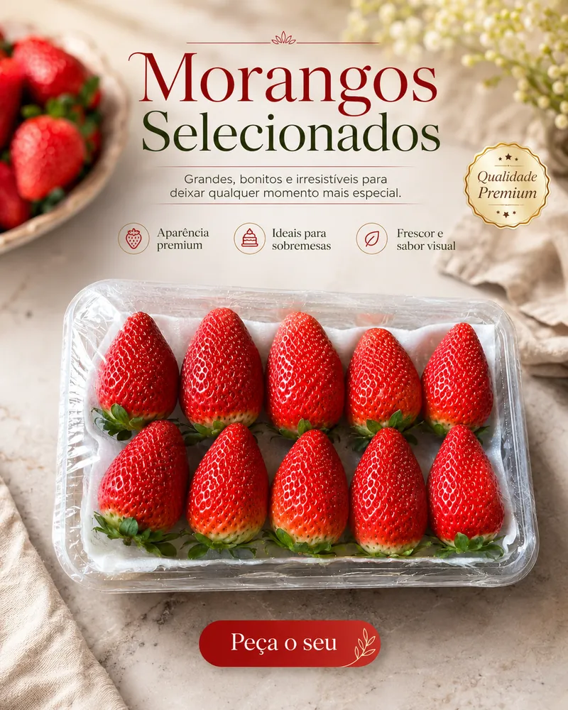 Criativo de anúncio gerado com prompt da biblioteca Promptuai: morangos