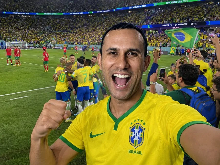 Ensaio pessoal gerado com prompt da biblioteca Promptuai: torcedor comemorando no estádio